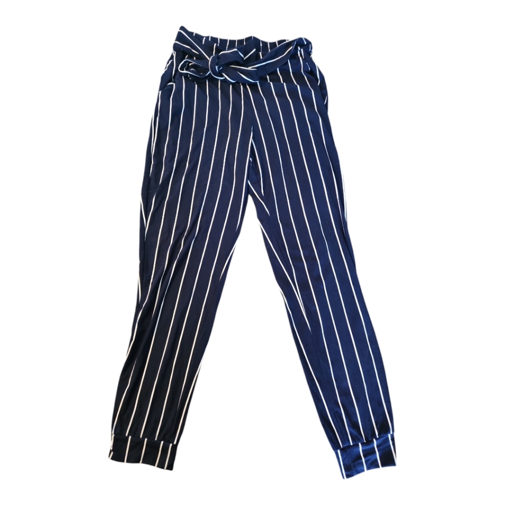 See You Monday Navy White Pin Striped Joggers Tie Belt Size Medium